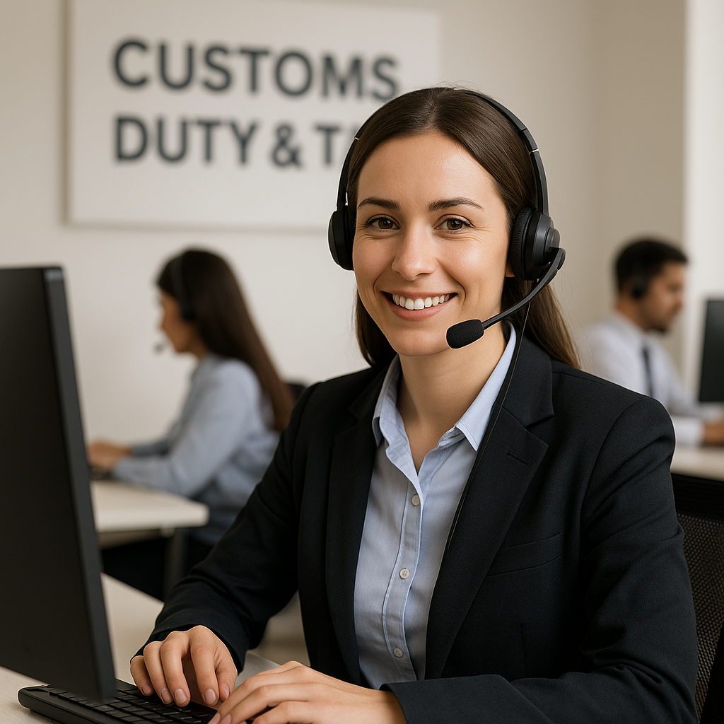 Smiling female customer support agent with headset helping with customs clearance