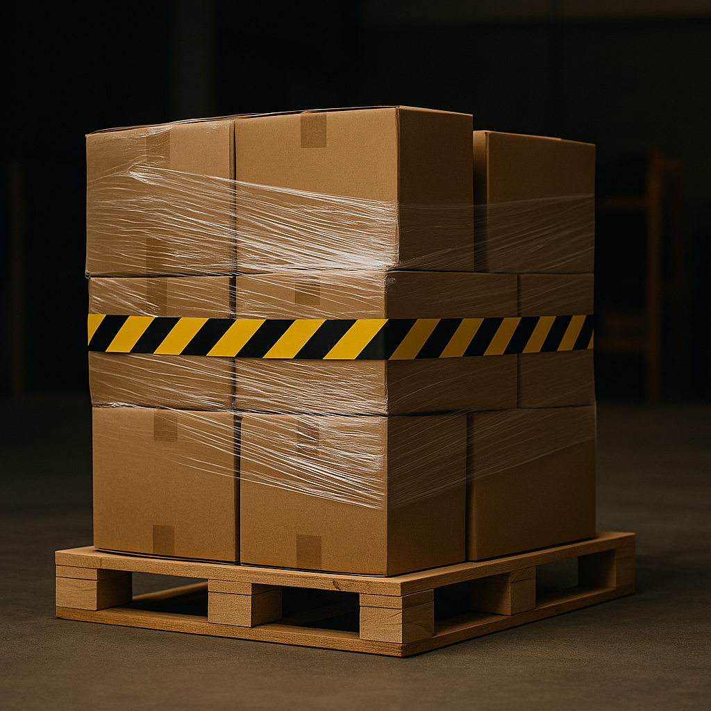 Shrink-wrapped cardboard boxes on pallet with caution tape – full cargo protection under all-risk insurance