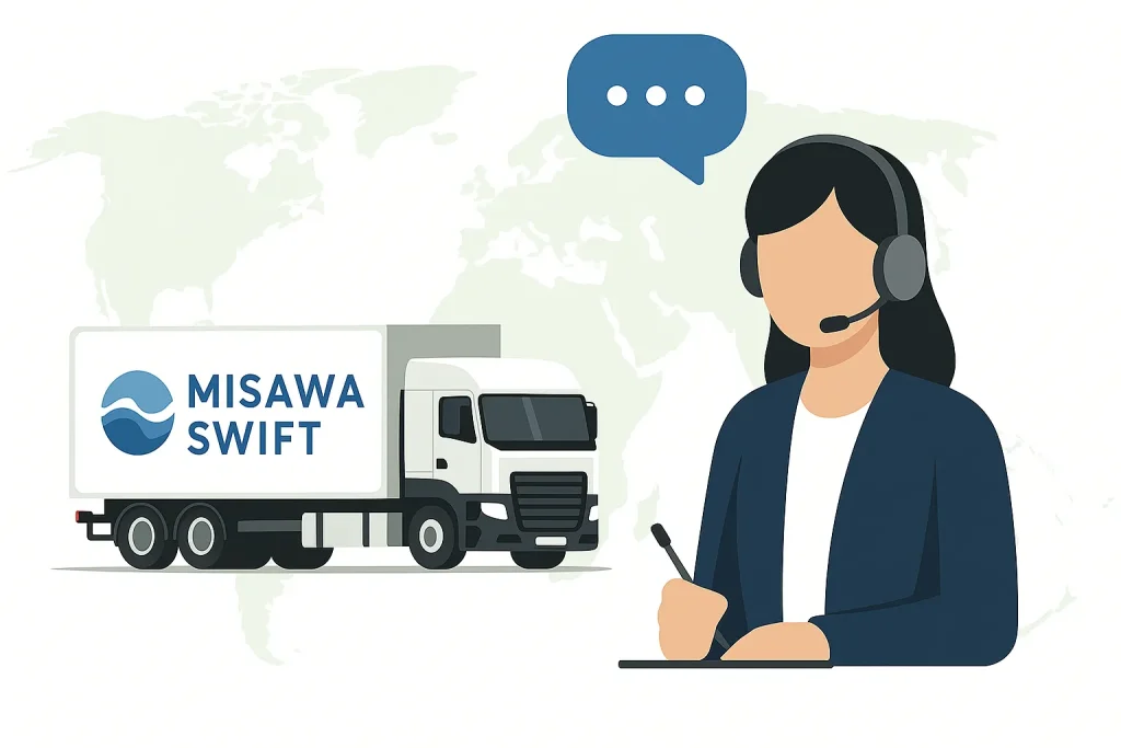 MISAWA Swift truck and customer service representative with headset, symbolizing 24/7 client support for land freight.