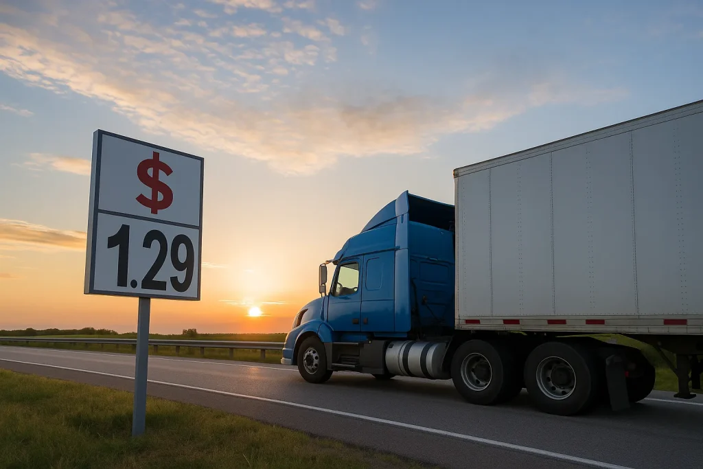 Blue freight truck passing a pricing sign at sunset, representing MISAWA Swift’s competitive land freight rates.