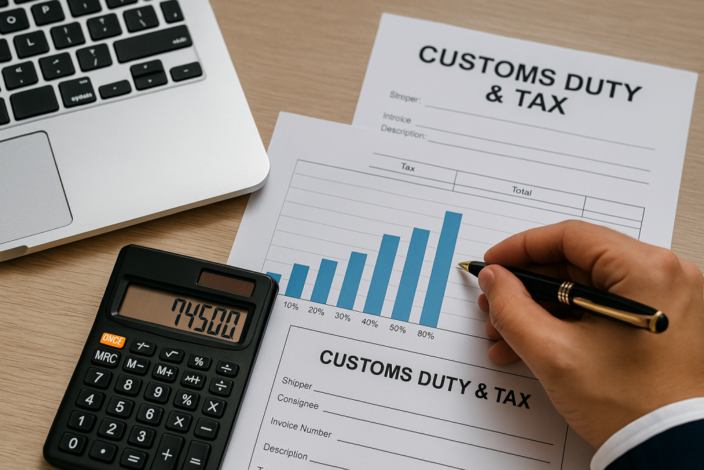 Businessman analyzing customs duty and tax costs with calculator and charts