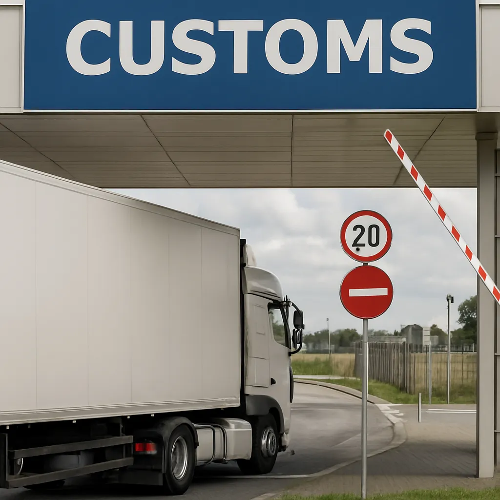 Truck passing through customs border checkpoint, representing MISAWA Swift’s cross-border land freight expertise.