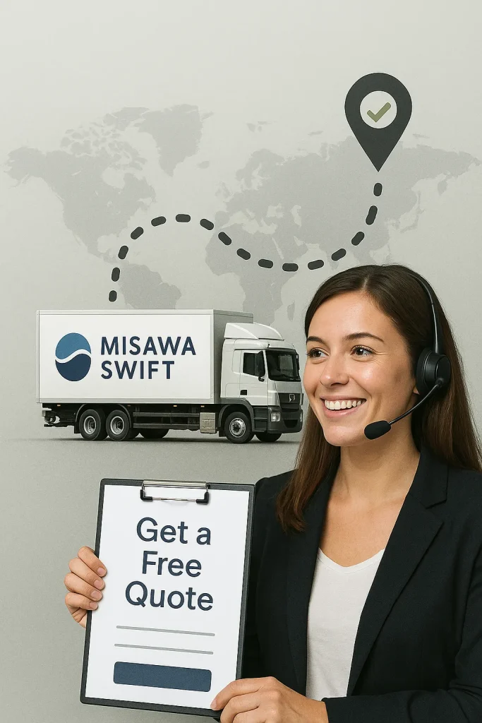 MISAWA Swift truck and a logistics consultant ready to assist, symbolizing contact and client support for land freight services.