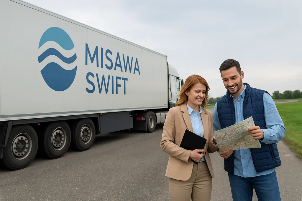 Logistics consultant and freight client reviewing a route map in front of a MISAWA Swift truck, representing tailored land freight solutions.