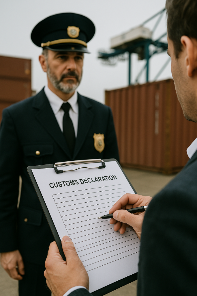 Customs officer overseeing a client filling out customs declaration form