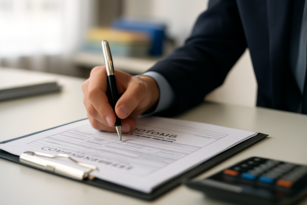 A close-up of a professional hand filling out customs documents for international shipping