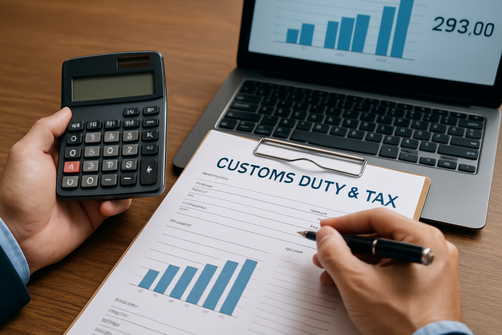 A close-up of a person calculating customs duties and taxes using a document, calculator, and laptop with financial data