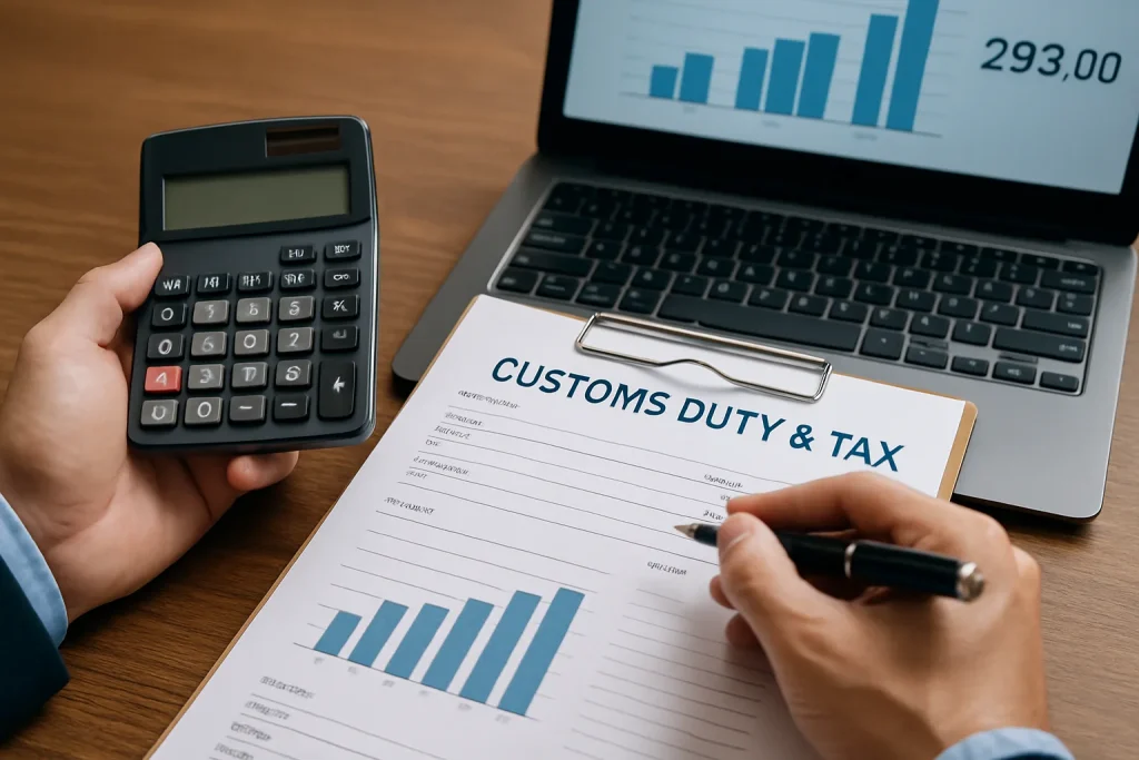 A close-up of a person calculating customs duties and taxes using a document, calculator, and laptop with financial data