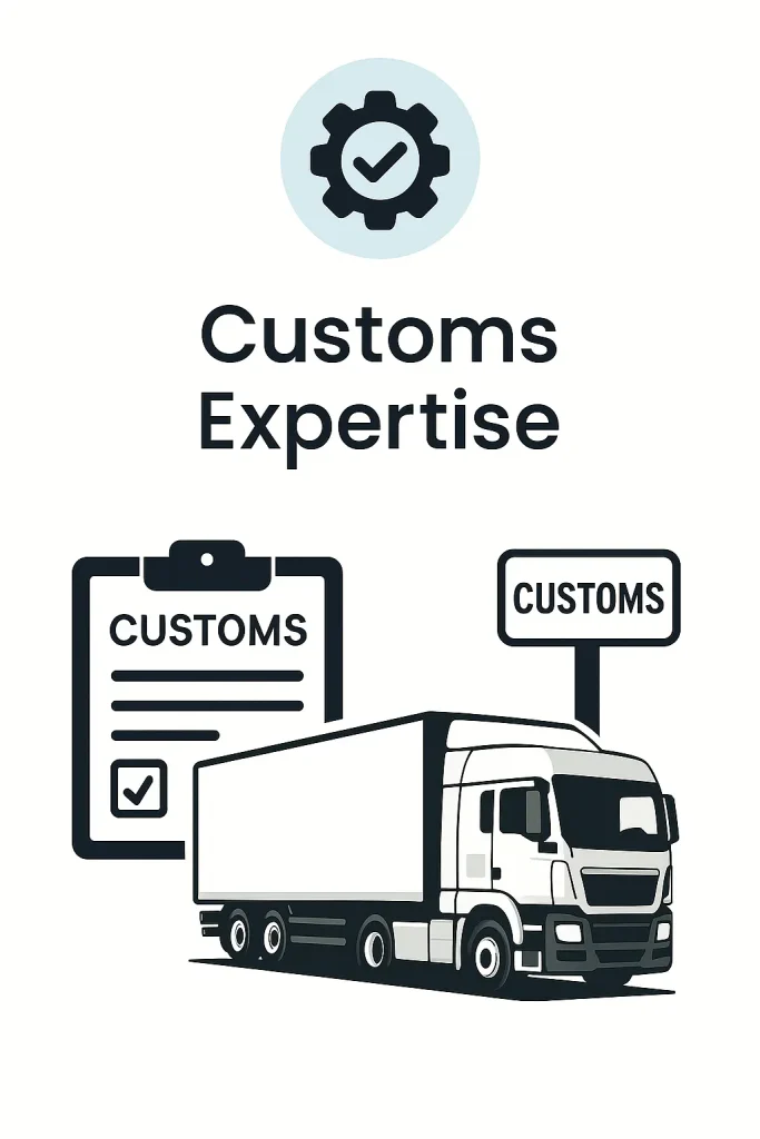 Digital illustration of a MISAWA Swift truck at customs with checklist and clearance signage, representing expertise in border logistics.