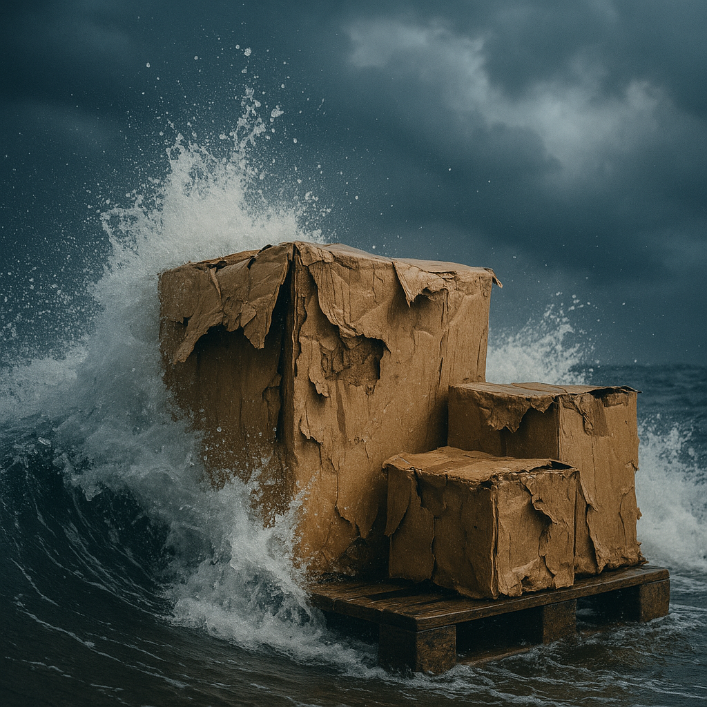 Severely damaged cardboard boxes on pallet hit by storm wave – representing natural disaster cargo risk