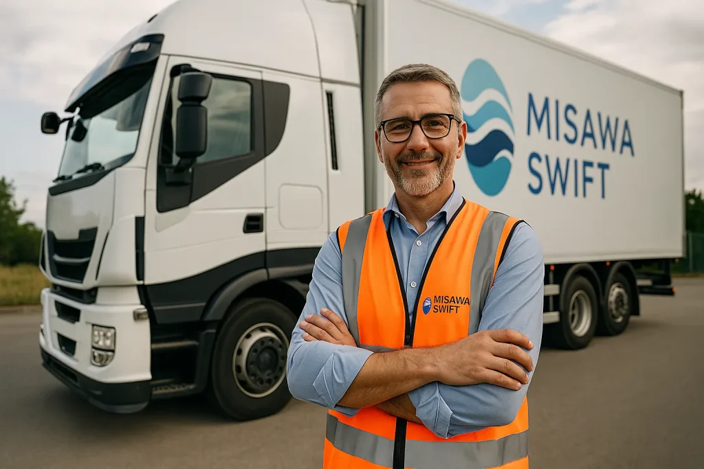 Professional truck driver standing beside a cargo truck, representing MISAWA Swift’s experienced and reliable land freight drivers.