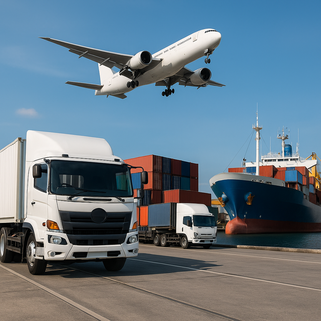 A photo showing a truck, cargo ship, and airplane at a busy port representing international freight clearance