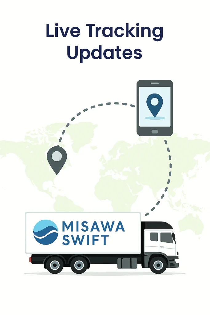 MISAWA Swift truck on a world map with GPS tracking symbol, representing live shipment updates during land freight transport.