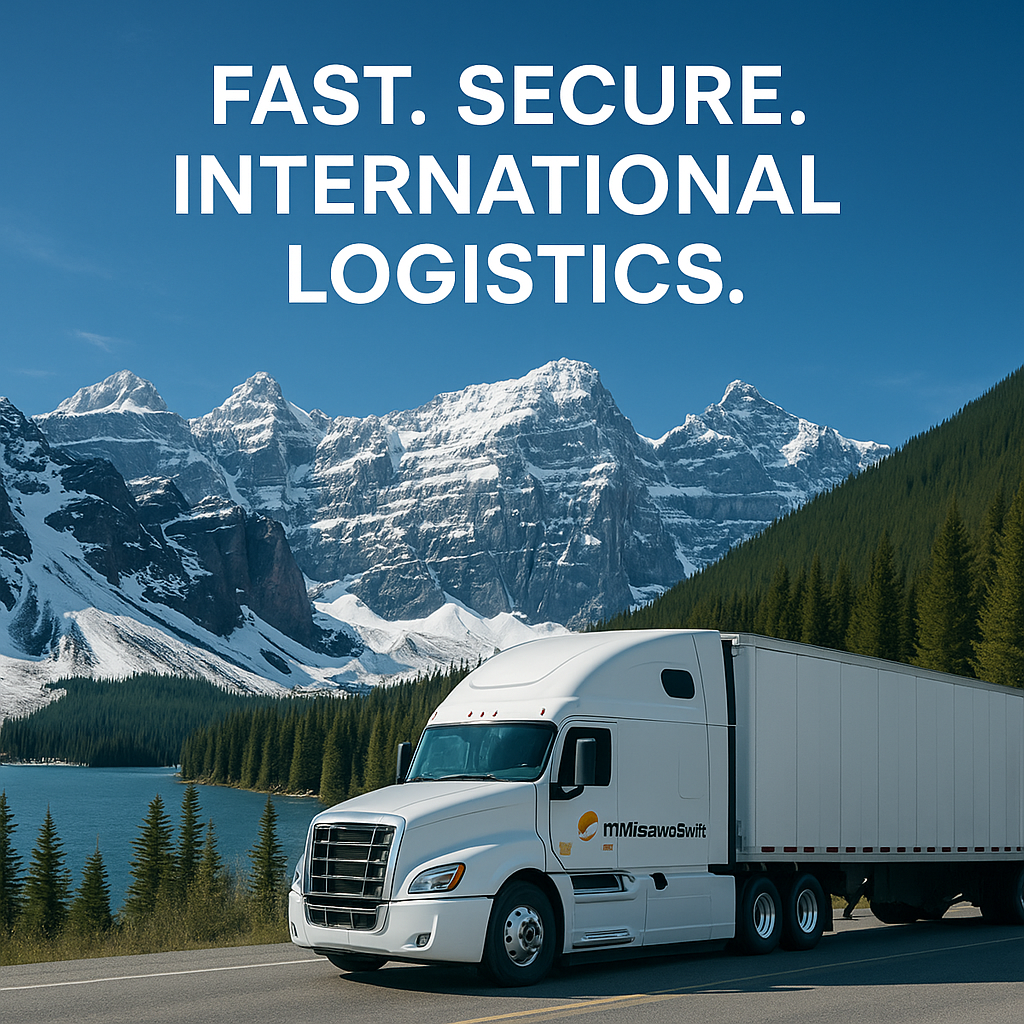 Misawa Swift international logistics truck driving through mountains – secure, fast shipping services.