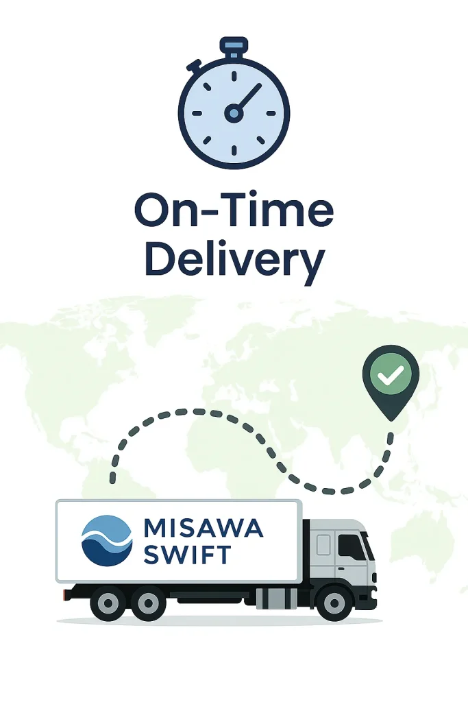 MISAWA Swift truck arriving at destination with a clock icon, symbolizing precise and on-time land freight delivery.