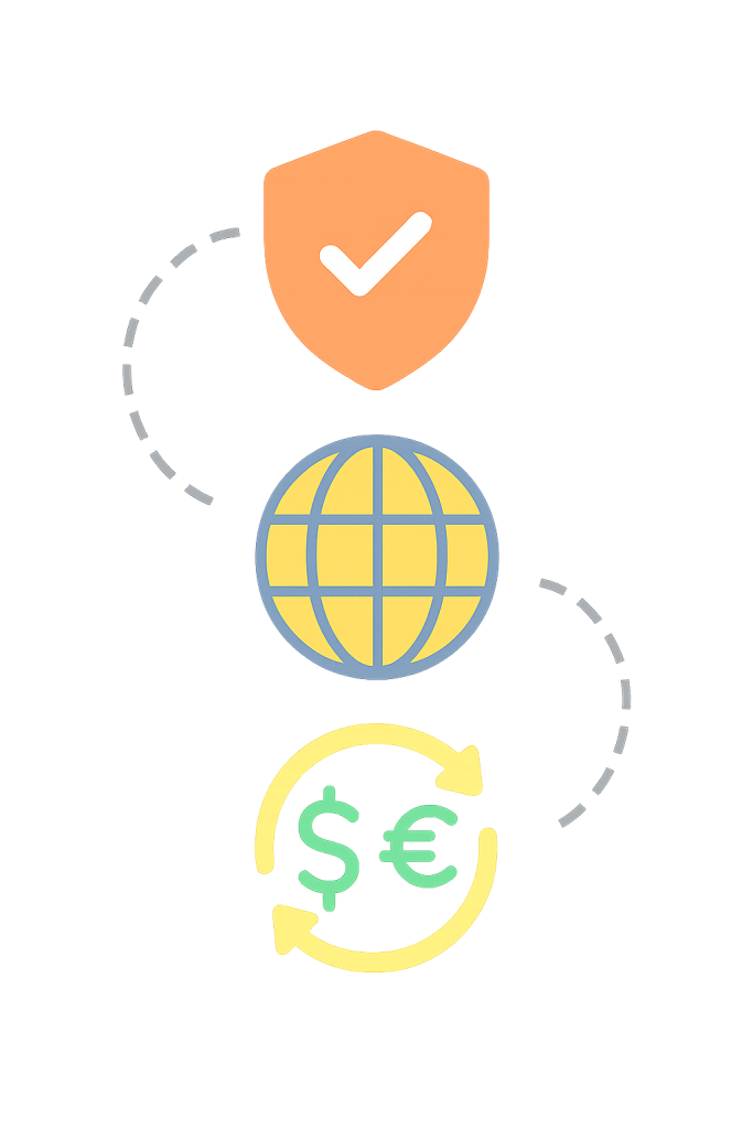 Security, global network, and currency exchange icons representing MisawaSwift mission