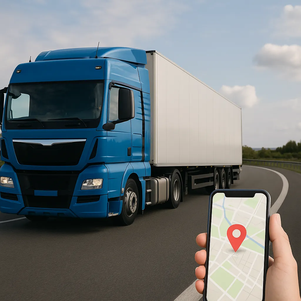 A blue freight truck on highway with real-time GPS tracking on smartphone, showcasing MISAWA Swift land freight services.