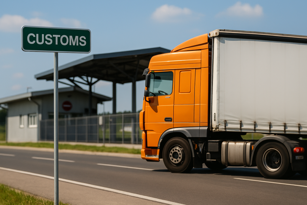 Orange cargo truck passing through customs checkpoint quickly