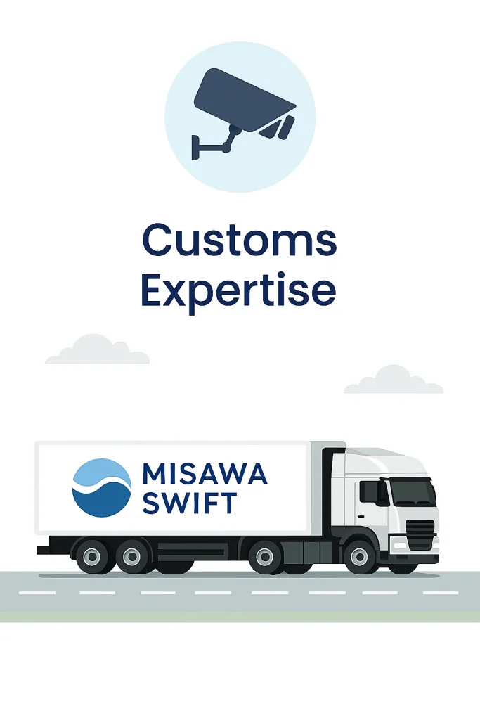 MISAWA Swift truck on highway under security surveillance, representing safe and secure land freight transportation.