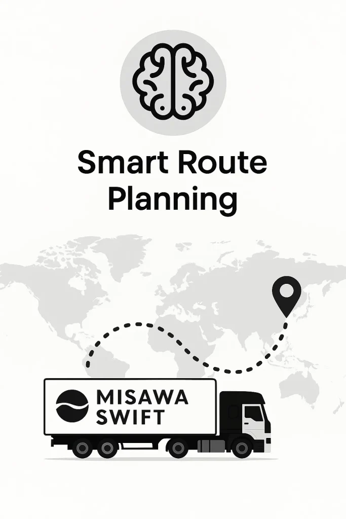MISAWA Swift truck following optimized route on global freight map