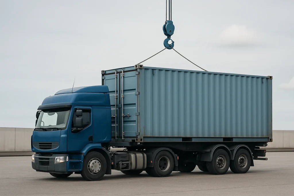 A flatbed truck carrying a blue shipping container, representing MISAWA Swift's specialized equipment for land freight services