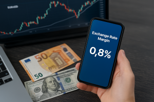 A hand holding a smartphone showing 0.8% exchange rate margin, with Euro and Dollar bills and a EUR/USD candlestick chart on screen