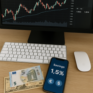 Currency exchange margin display with Euro and USD bills, chart screen, and smartphone on desk