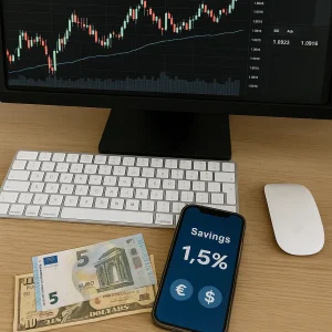 Currency exchange margin display with Euro and USD bills, chart screen, and smartphone on desk