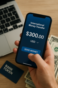 A person sending $300 using a mobile international money transfer app with cash and a laptop nearby