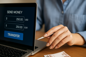 A person initiating an international money transfer using SWIFT system – MISAWA Swift